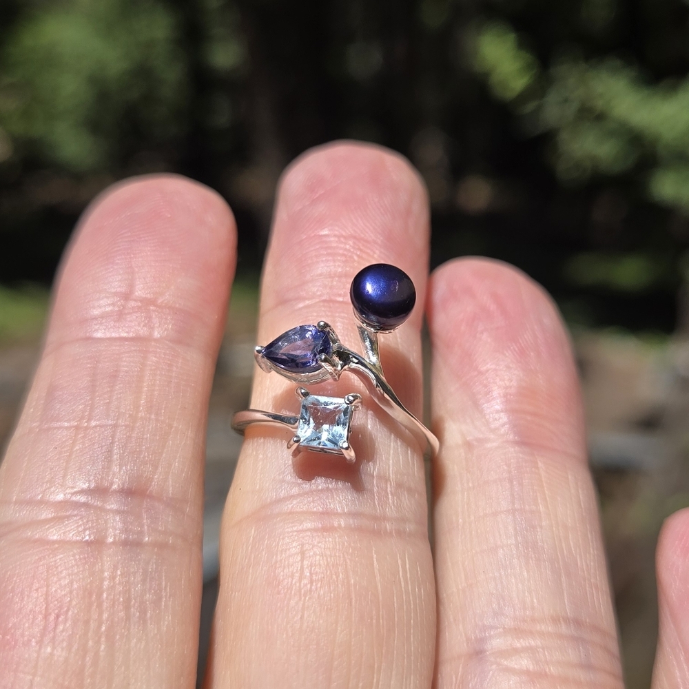 Blue Topaz Lolite & Natural Pearl Ring Sz6.5 Adjustable - Picture 8 of 9